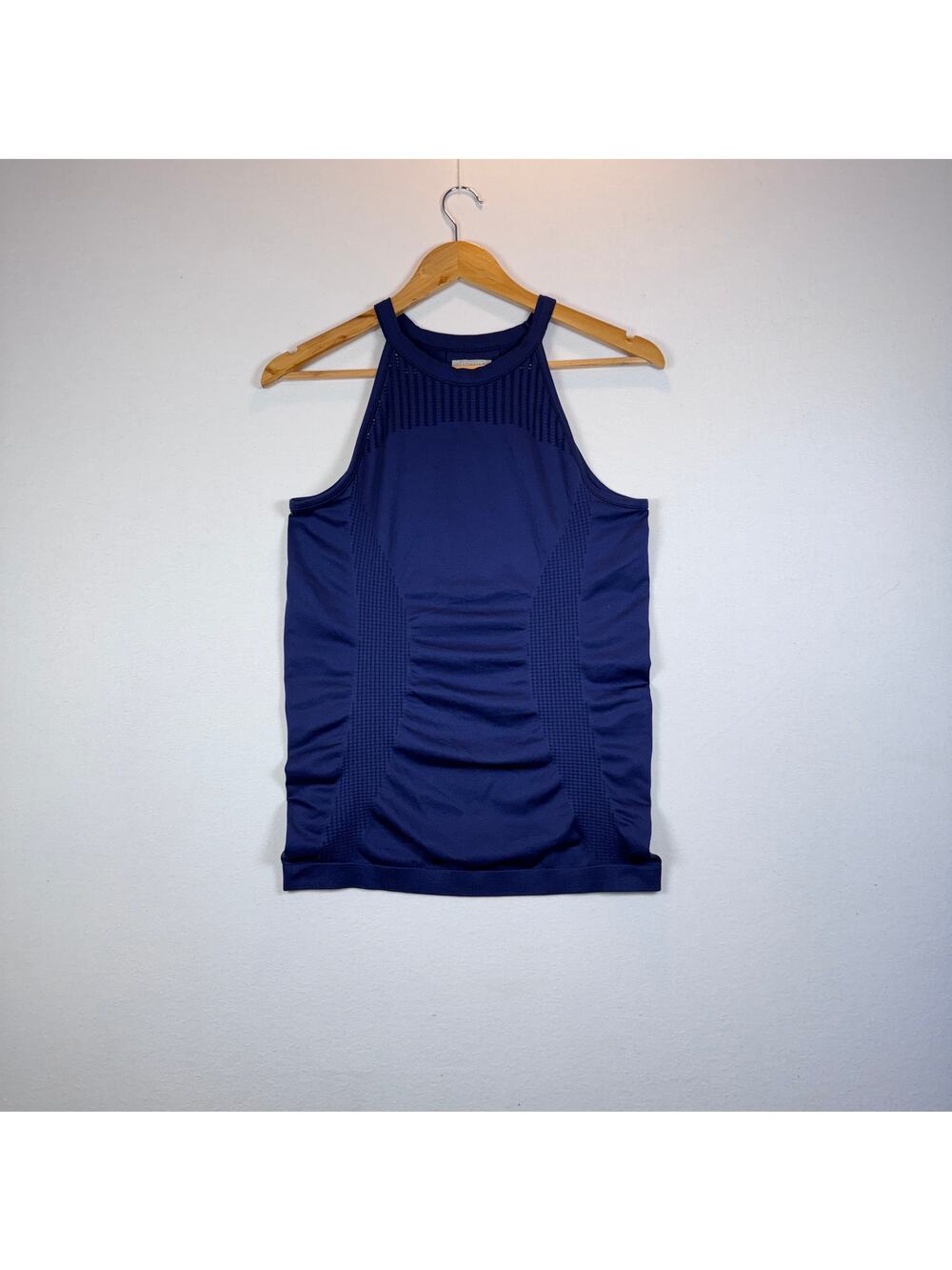 Athleta Jet Stripe Fastest Track Tee Women’s M Blue Seamless Ruched Workout Tank